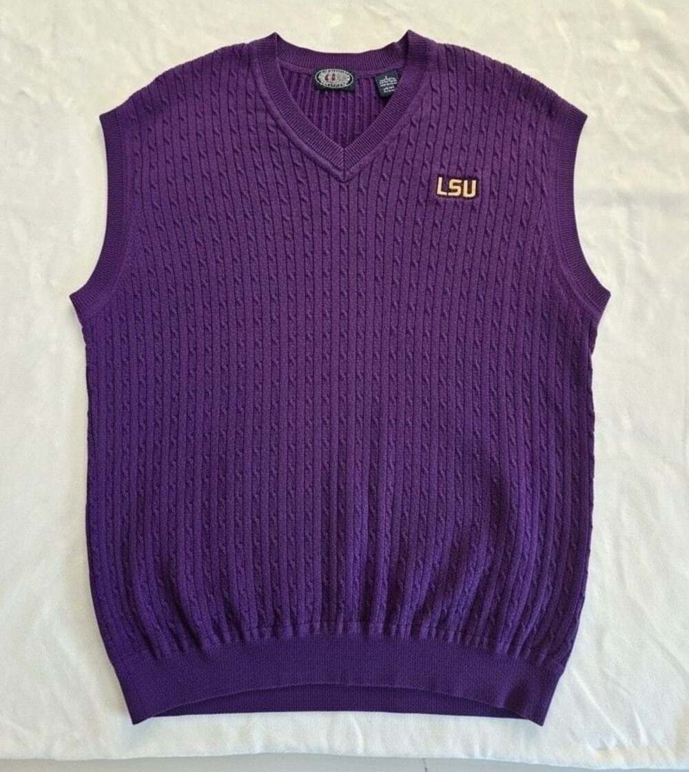 Carriages Fine Clothier LSU Tigers V-Neck Cable Knit Sweater Vest